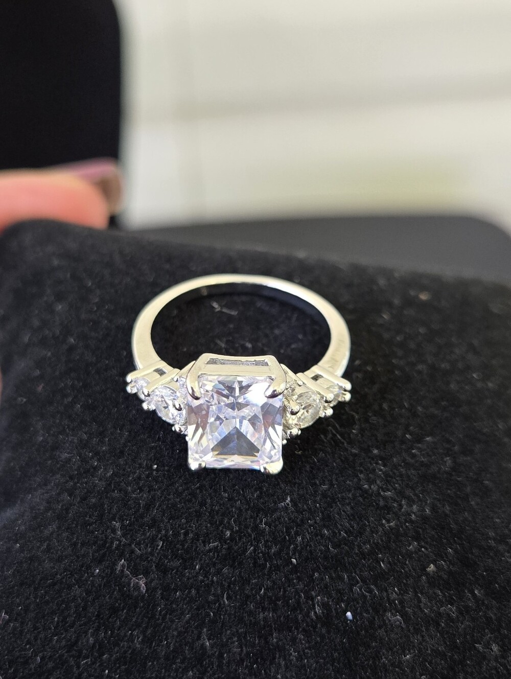 Silver-Tone Square CZ Solitaire Ring with Side Stones - Size 9